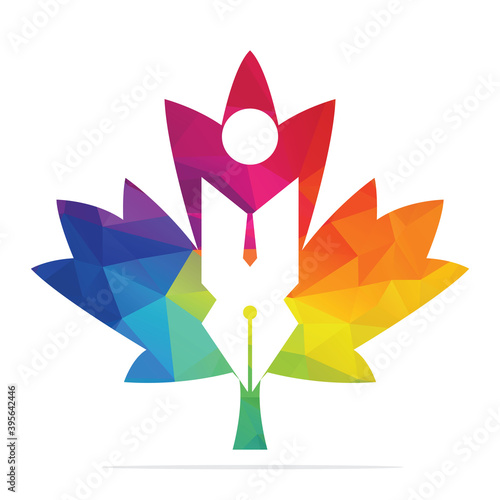 Maple leaf Education pen with human sign logo design template. Human character and Pen logo.