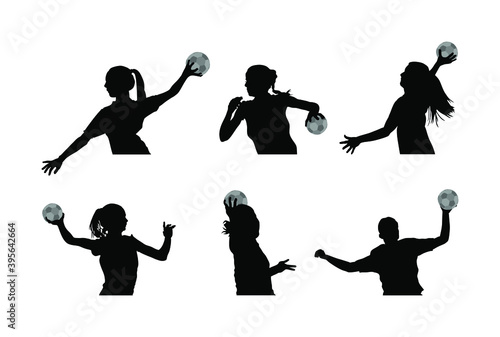 Girl handball player in action with ball vector silhouette illustration isolated on white. Woman handball player shoots a penalty. Female sport figure shadow symbol. Handball lady jumping in the air.