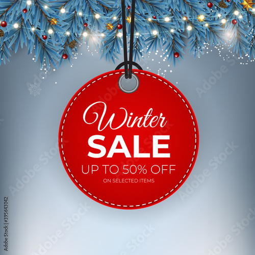 Winter sale Red tag vector banner for seasonal retail promotion. Vector illustration