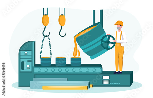Abstract concept. Worker of metallurgy industry at work. Male character in uniform melting metal in big foundry and pouring hot molten steel or iron in form. Flat cartoon vector illustration
