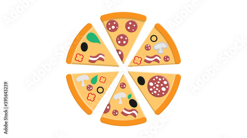 pizza with toppings on a white background, vector illustration. a lot of pizza slice with different toppings of salami with lard, olives, bacon and vegetables. fast food snack, salty food