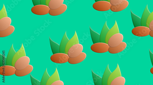 nuts on a green retro background, vector illustration, pattern. nuts lie on the ground, under green oblong leaves. healthy food, weight loss, eco products, seamless illustration, wallpaper