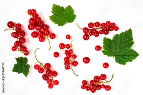 summer berries on a white background, red currant with liafs