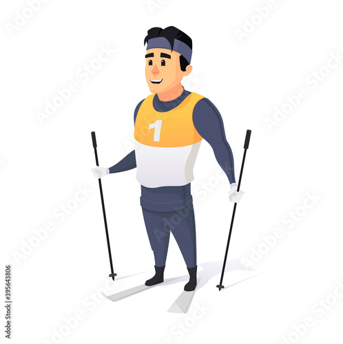 An olympic skier character design isolated on white background. A sportsman in the ski resort. Vector illustration of a winner of the competition in a cartoon of XXIII style Winter games