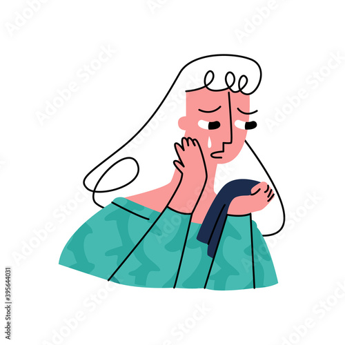 Vector isolated flat illustration with portrait of crying, sad, upset woman. Concept emotionality, sadness, mood, psychology, feelings.