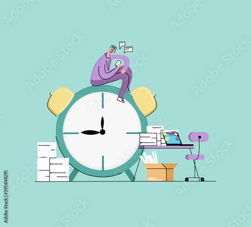 Vector flat abstract illustration concept of procrastination, dependence on gadgets. Worker is shown distracted by social media. He is sitting on enlarged clock. There are lot of unfinished business.