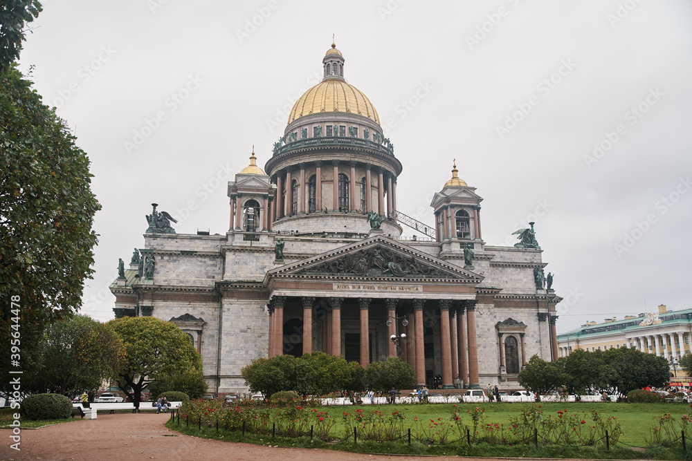 St. Petersburg, Russia - October 5, 2020: Flowers in front of St. Isaac's Cathedral. St. Isaac's Cathedral in the center of St. Petersburg.