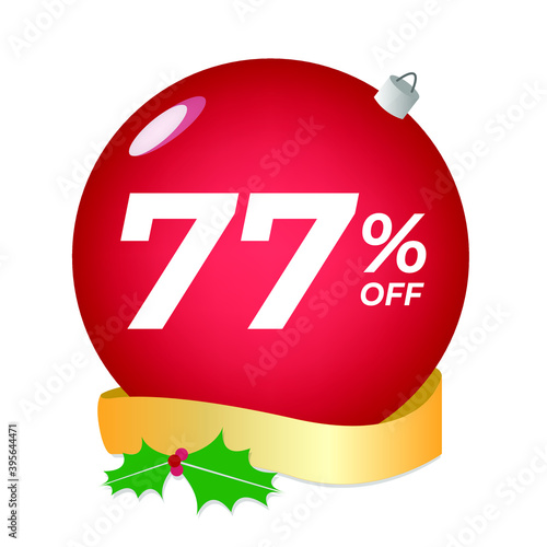 77% off. Seventy-seven percent discount. Christmas sale banner. Red bubble with ornaments on a white background vector.