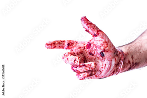 Pointing hand in in latex glove with blood. The bloody hand isolated on white background. Social violence and insecurity concept. Part of set.