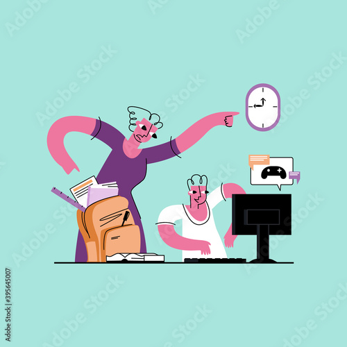 Vector flat illustration with concept of procrastination, laziness, procrastination, dependence on gadgets, gambling. Distraught mother is pictured forcing her son to do his school homework.