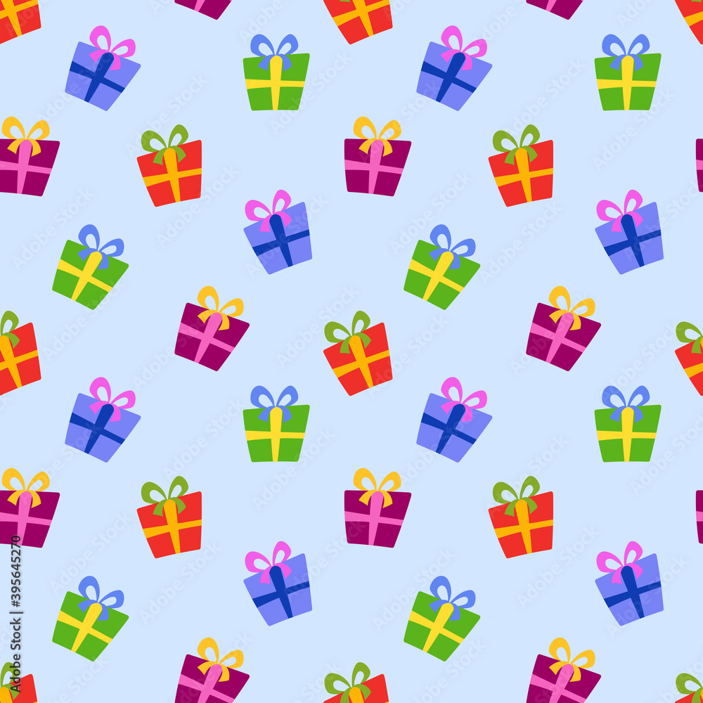 Seamless pattern with bright gift boxes. Color packaging with ribbon and bow in flat style. A holiday gifts endless texture for wrapping paper, textile, wallpaper, fabric. Cartoon vector illustration.