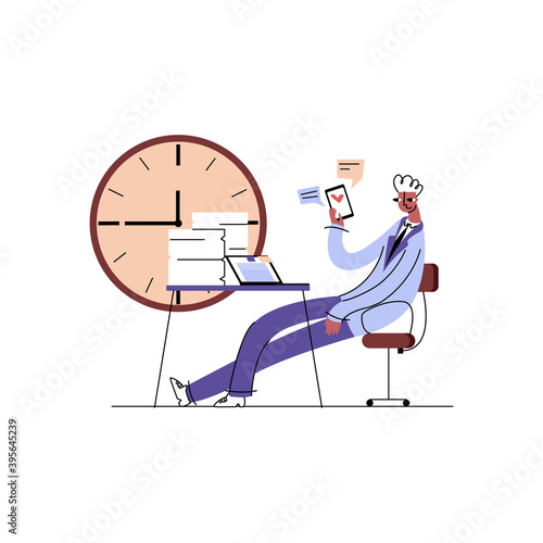 Vector flat illustration concept procrastination, laziness, dependence on gadgets. There is image employee who distracts from business in order to communicate in social network. Unfinished business. 