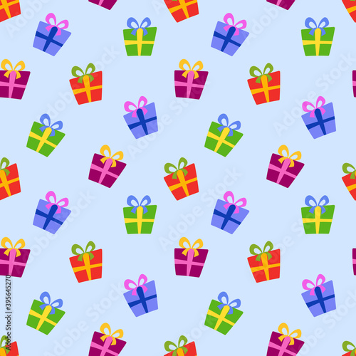 Seamless pattern with bright gift boxes. Color packaging with ribbon and bow in flat style. A holiday gifts endless texture for wrapping paper, textile, wallpaper, fabric. Cartoon vector illustration.