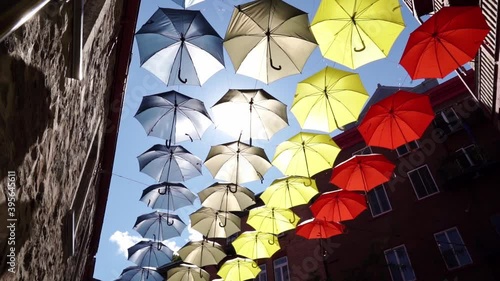 Lot of Umbrellas in Petit Champlain street Quebec city photo