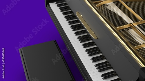 Grand Piano under Purple Background. 3D illustration. 3D high quality rendering. 3D CG.
