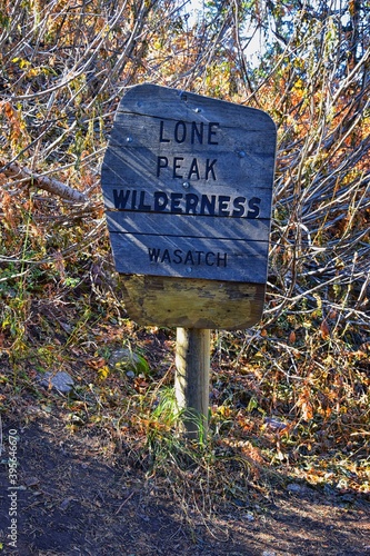 Trail Sign on Red Pine and White Pine Lake hiking trail in Lone Peak Wilderness on White Baldy and Pfeifferhorn in Little Cottonwood Canyon, Wasatch Rocky mountain Range, Utah, United States. photo