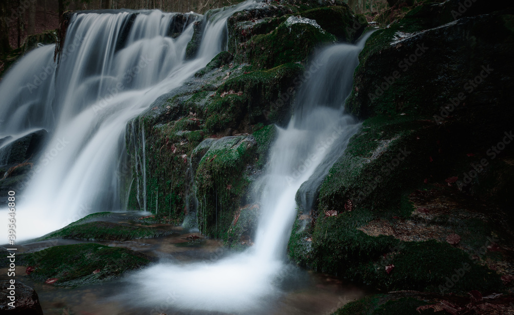 Wild brook with stones and waterfall in Jeseniky mountains, Eastern Europe, Moravia. Clean fresh cold watter, water stream. Long exposure image. . Wild brook with stones and waterfall in Jeseniky mountains, Eastern Europe, Moravia. Clean fresh cold watter, water stream. Long exposure image. .