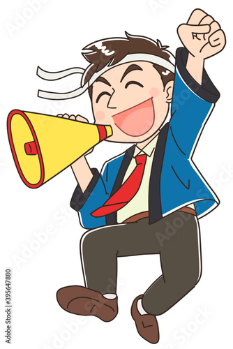 はっぴ セールを応援する男性店長