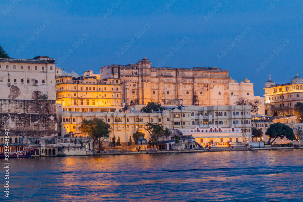 Eveing view of City palace in Udaipur, Rajasthan state, India