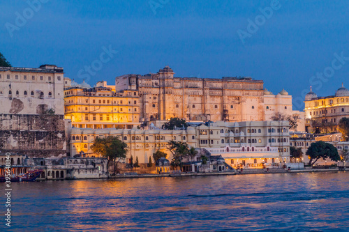 Eveing view of City palace in Udaipur, Rajasthan state, India