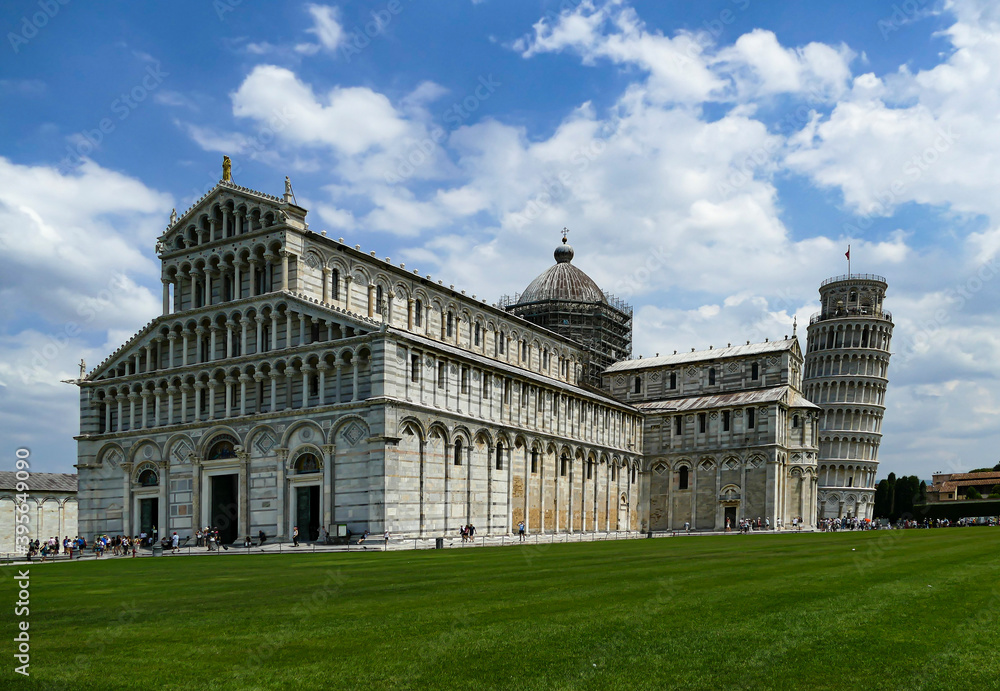 Leaning tower and cathedral of Pisa in Piazza dei Miracoli