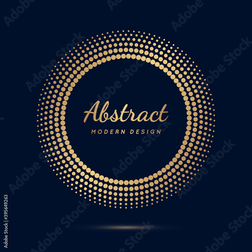 Circle gold dot frame. Luxury circular border with effect halftone. Elegant sphere boarder. Modern golden ring. Faded dots. Shape round pattern. Delicate graphic element for design prints. Vector