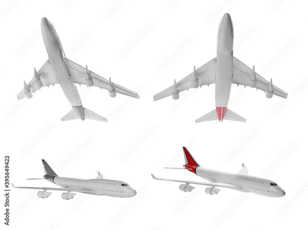 Set of toy airplanes isolated on white, various angle view