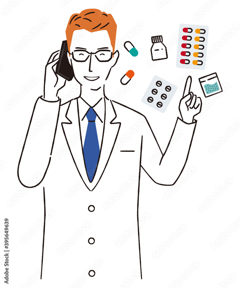 手書き線画カラーイラスト 薬剤師 電話対応 Stock Vector Adobe Stock