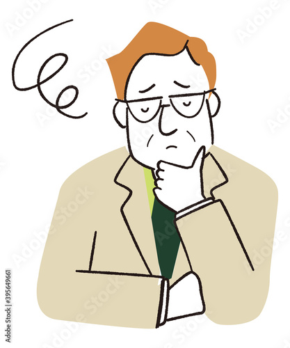 手描き線画イラストカラー　悩むスーツの中年男性