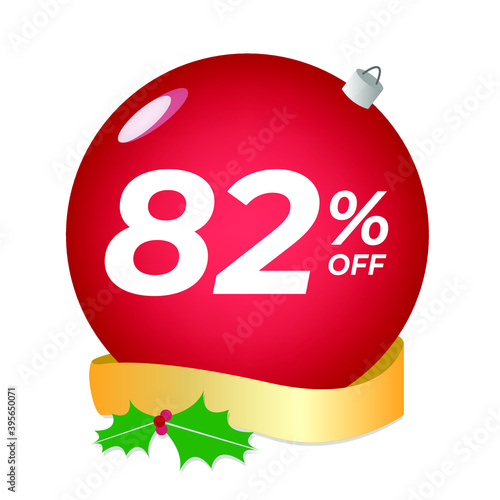 82% off. Eighty-two percent discount. Christmas sale banner. Red bubble with ornaments on a white background vector.