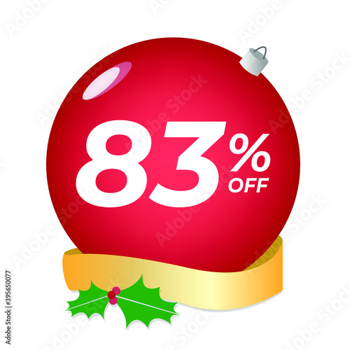 83% off. Eighty-three percent discount. Christmas sale banner. Red bubble with ornaments on a white background vector.