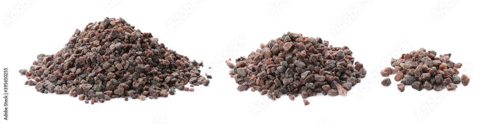 Collage with black salt on white background. Banner design Collage with black salt on white background. Banner design