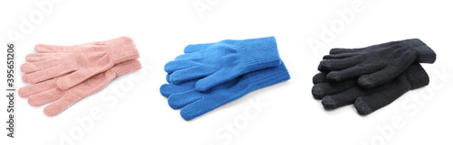 Set of woolen gloves on white background. Banner design