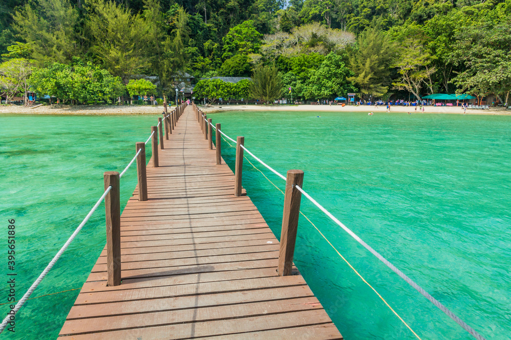 Wooden pier at Gaya Island in Tunku Abdul Rahman National Park, Sabah, Malaysia