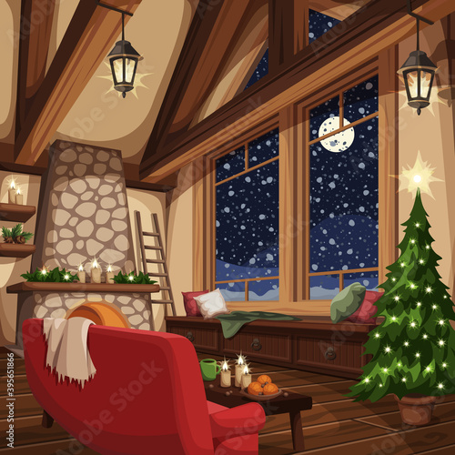 Vector Christmas cozy chalet interior with big window, wooden beams, fireplace, Christmas tree, sofa and snowfall outside.