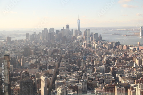 New York Harbor and its skyscrapers from 86th floor of Empire State Building.
