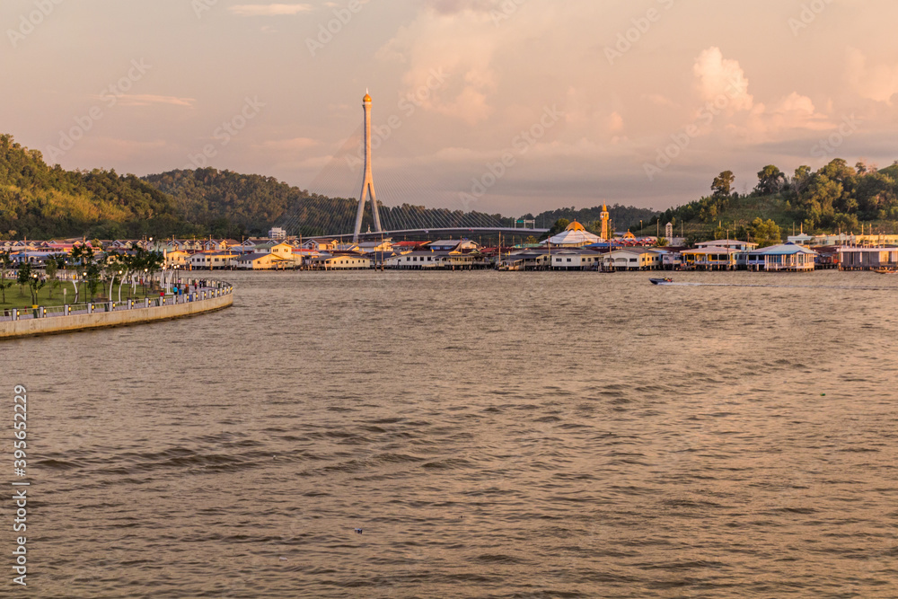 RIPAS Bridge behind Kampong Ayer water town in Bandar Seri Begawan, capital of Brunei