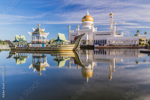 Omar Ali Saifuddien Mosque and a replica of a royal barge in Bandar Seri Begawan, Brunei