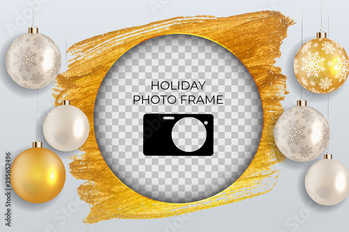 Holiday Photo Frame Template. Merry Christmas and Happy New Year Background. ...