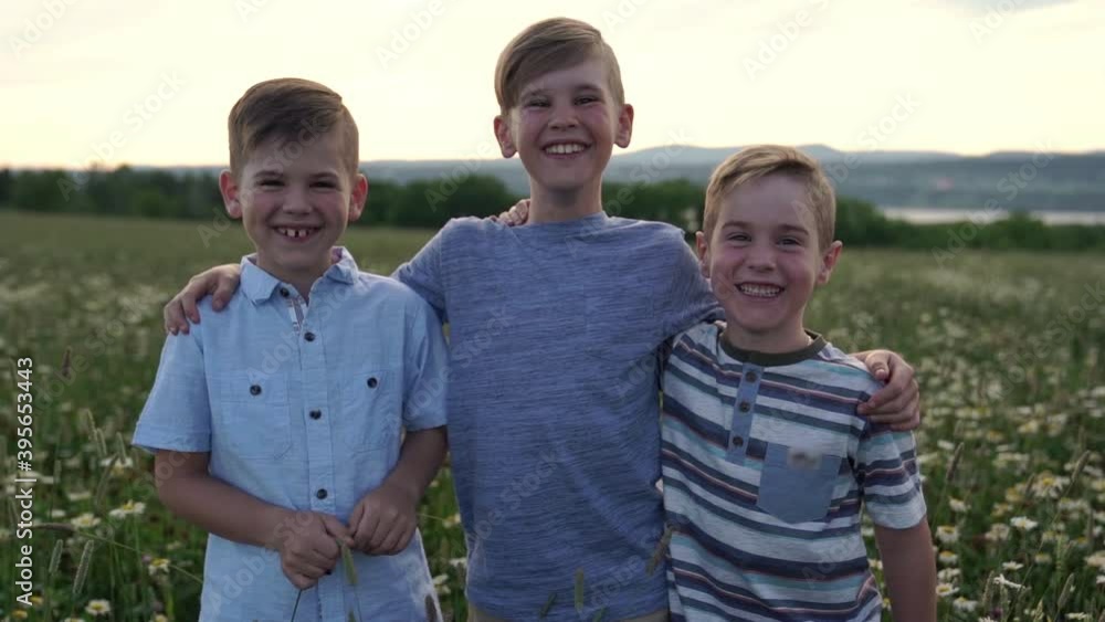 Beautiful brother boy in daisy field on sunset, summertime Beautiful brother boy in daisy field on sunset, summertime