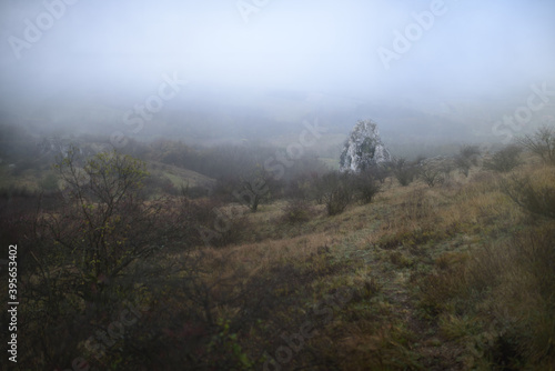 Limestone rock on the hillside of Table Mountain in the protected landscape area of ​​Pálava surrounded by autumn fog.