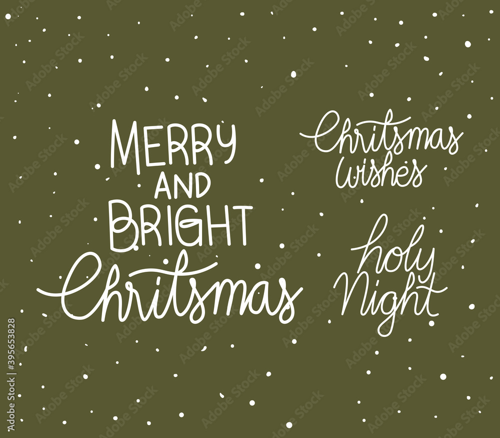 set of christmas lettering on green background