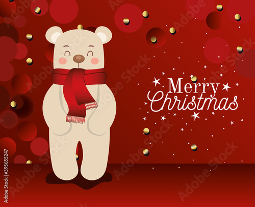 bear icon with merry christmas lettering on red background