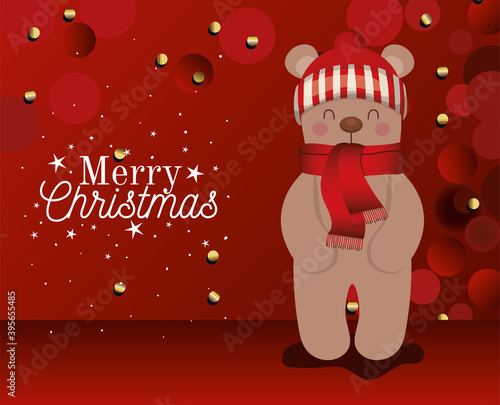 bear with a hat icon and merry christmas lettering on red background