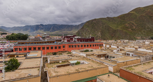 Panorama of Xiahe town with Labrang Monastery, Gansu province, China photo