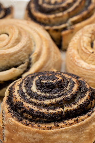 puff pastry with poppy seeds on a plate. close up view. various of a tasty pastry. homemade baking concept. background backdrop. studio shot