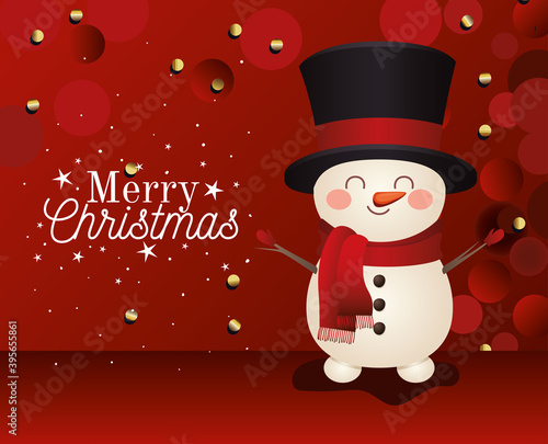 snowman with top hat icon and merry christmas lettering on red background