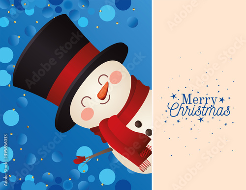 christmas snowman with top hat icon and merry christmas lettering
