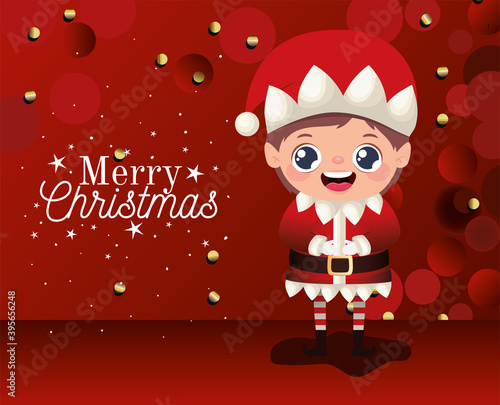 elf icon with merry christmas lettering on red background