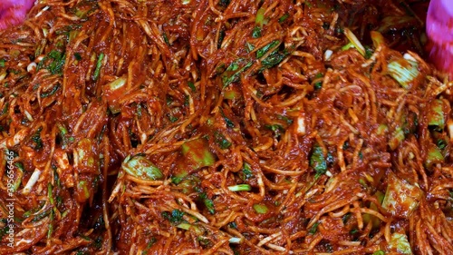 Korean food : Kimchi seasoning. It is the process of making kimchi seasoning. Mix together the ingredients for the kimchi.